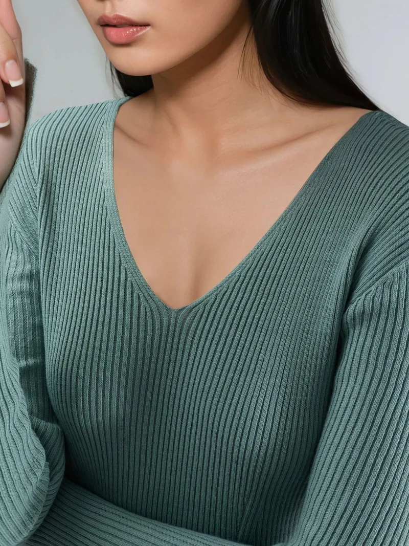 MY FASHION Mint Green MY FASHION V-Neck Textured Maxi Knit Dress with Slit for Women | Best Price UAE